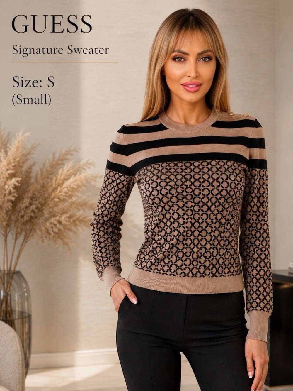 GUESS Tan and Black Signature Striped Logo Knit Sweater